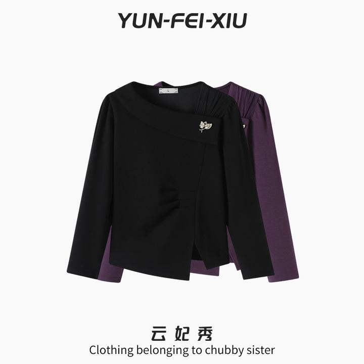 云妃秀大码女装T恤斜领拼接简洁时尚休闲宽松显瘦胖妹妹秋季68688