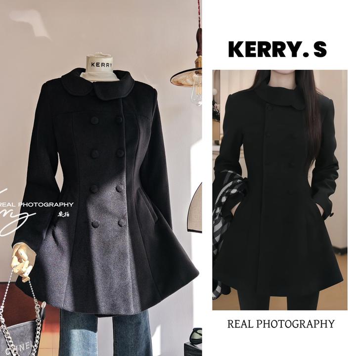 千金风黑色毛呢外套女短款翻领双排扣修身显瘦呢子上衣厚黑穿搭