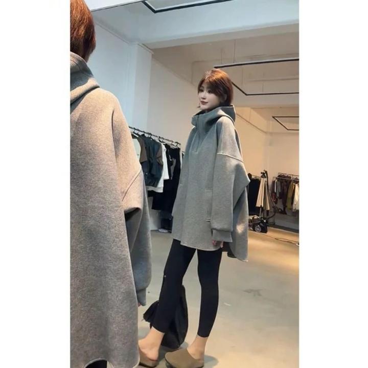 大码胖mm300斤慵懒洋气加绒加厚连帽卫衣女秋冬中长款遮屁股上衣2
