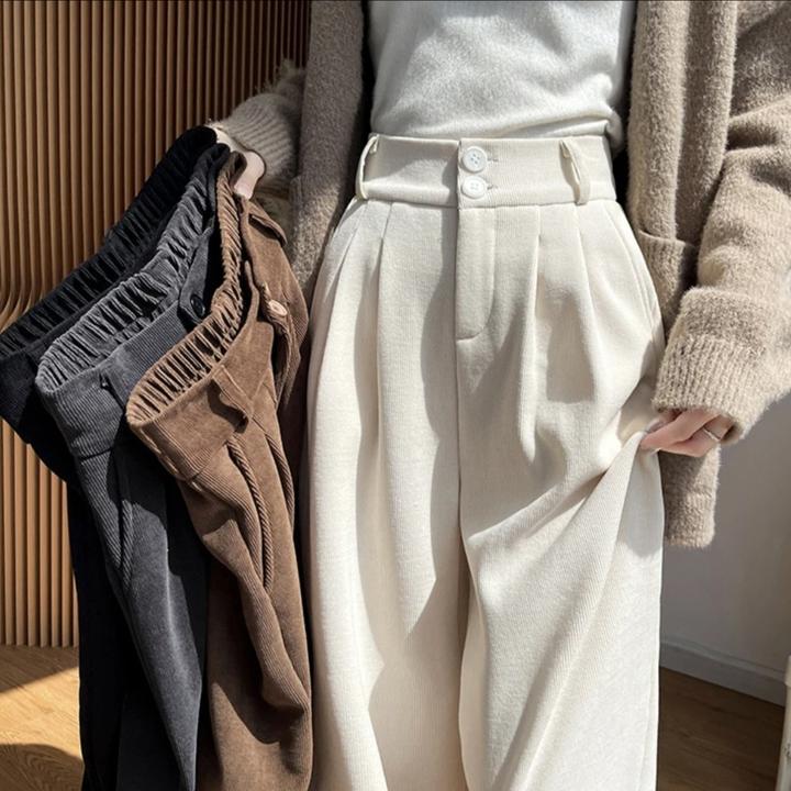 欧棉绒阔腿裤女春秋季高腰垂感直筒显瘦秋冬加绒小个子西装休闲裤
