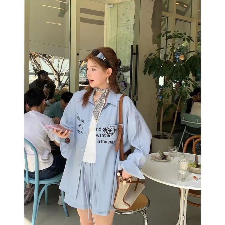 大码时尚套装宽松翻领拼接字母印花衬衫外套宽松短裤459833