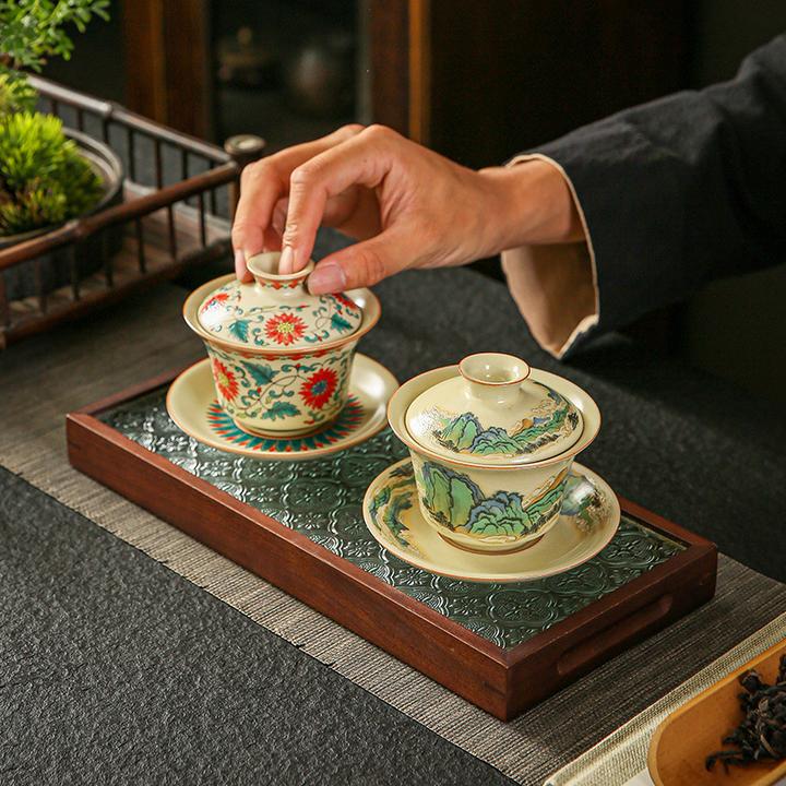 大号米黄汝窑三才盖碗 手工复古开片陶瓷茶碗汝瓷功夫茶具泡茶器