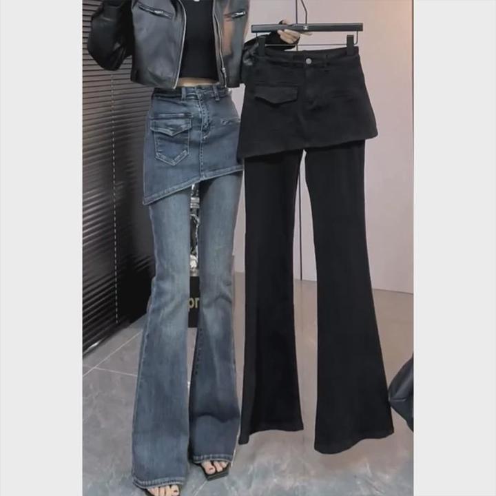 假两件微喇牛仔裤女秋季新款显瘦藏肉马蹄裤大码弹力喇叭裤小个子