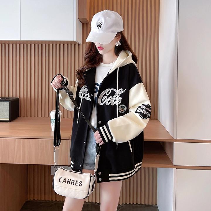 今年流行新爆款连帽开衫棒球服外套女宽松时尚韩版拼接学院风卫衣