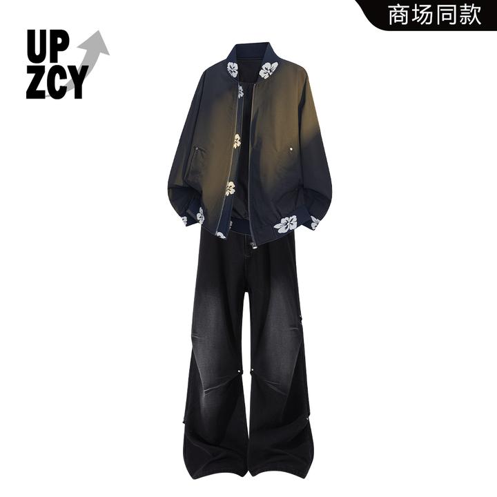 UPZCY美式高街复古潮流夹克两件套2025秋冬新款阔腿水洗牛仔裤男