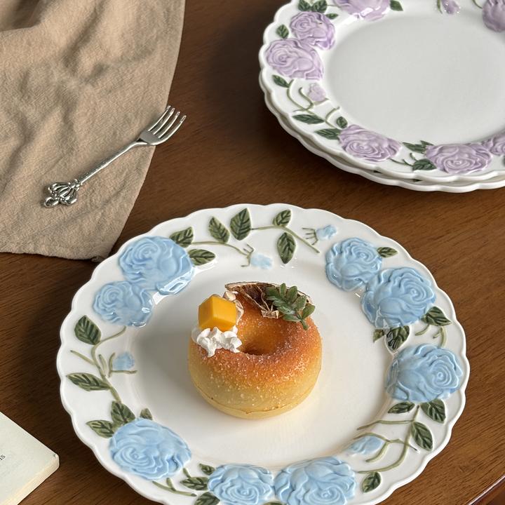 浮雕玫瑰盘子陶瓷菜盘子甜品盘水果小吃盘生日蛋糕盘
