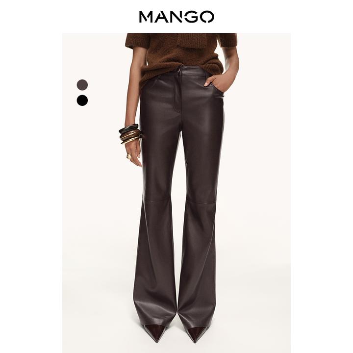 MANGO女装裤子2025秋装新款皮质系扣微喇显腿长辣妹宽松休闲皮裤