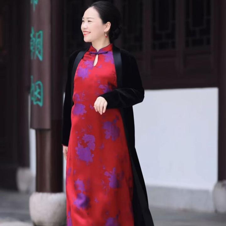 美爱《喜妈妈喜婆婆》真丝提花春夏秋新款宽松大气新中式连衣裙Q422