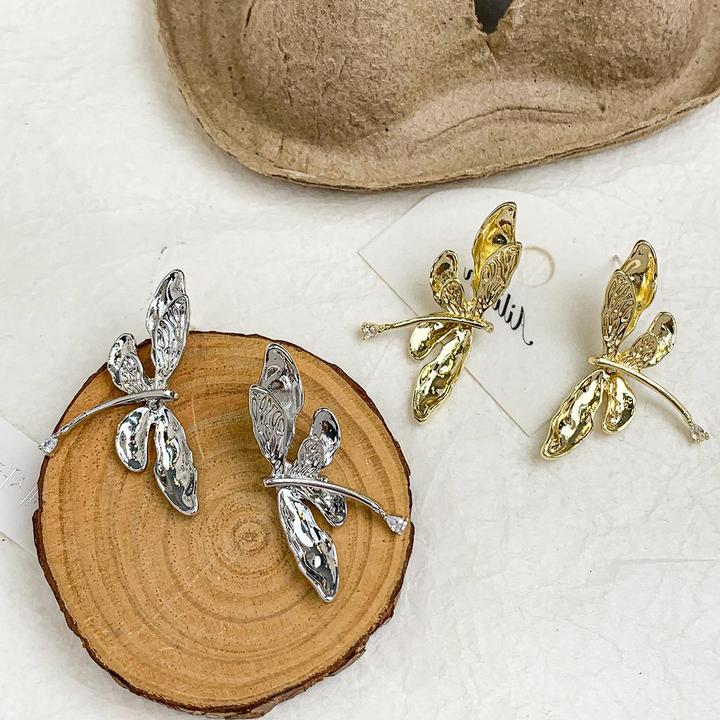 铜合金锆石耳饰 法式轻奢气质小众中古风蜻蜓耳环文艺复古时尚百