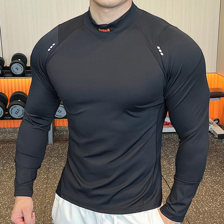新款长袖男士圆领秋冬健身训练透气弹力运动速干紧身衣修身健身衣