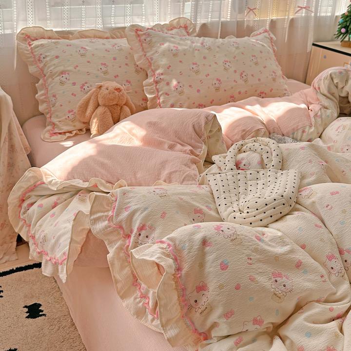 韩式荷叶边云感棉双层纱卡通四件套少女心被套床单床笠款床上用品
