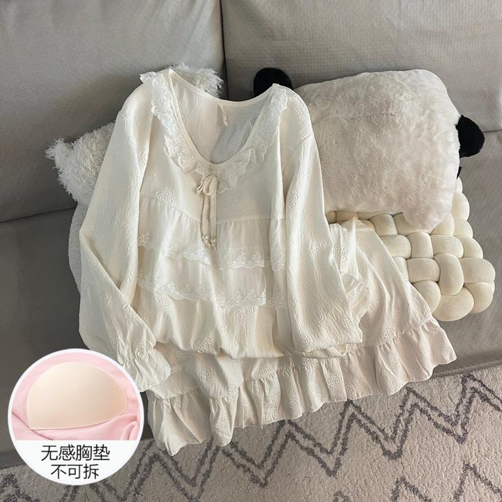 睡衣睡裙女春秋网红风长袖大码薄款带胸垫可外穿中长裙杏色家居服