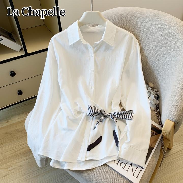 拉夏贝尔秋季新款收腰显瘦设计感小众轻熟丝巾时尚别致长袖衬衣女