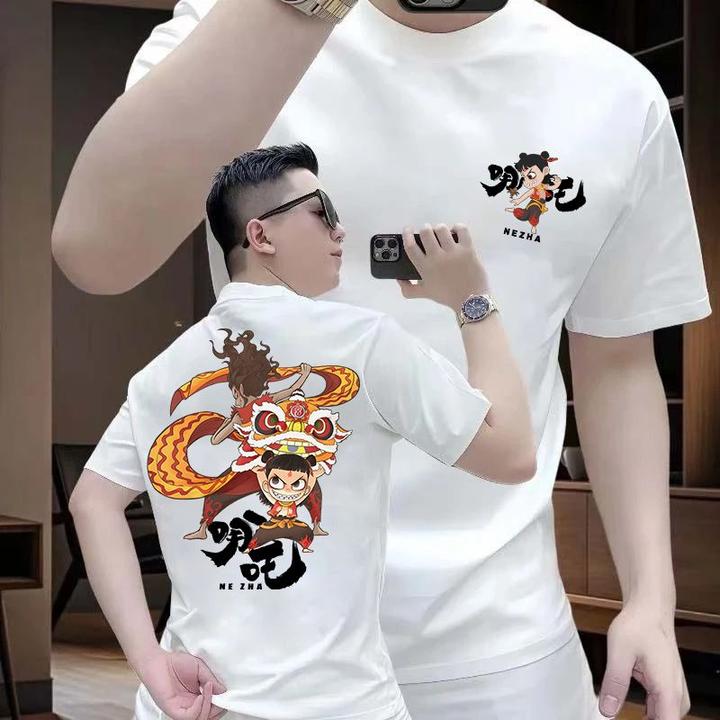 新款重磅纯棉短袖个性创意国潮前后哪吒印花国风T恤宽松休闲上衣