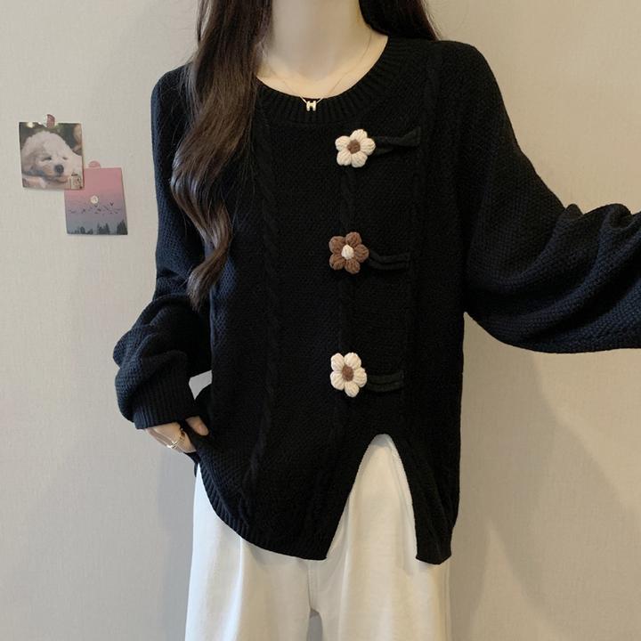 大码设计感立体花朵开叉毛衣女春秋胖MM宽松显瘦洋气长袖针织上衣