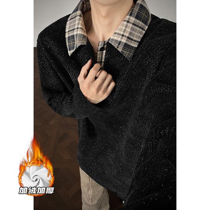 秋冬加绒加厚长袖翻领T恤潮流港风纹理感撞色Polo领男士体恤衫