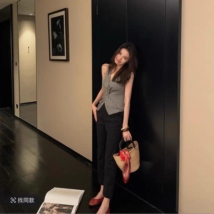 黑白格扭结马甲无袖收腰复古夏季外穿修身