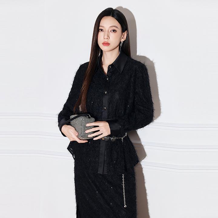 卡拉佛缎面衬衫领拼接蕾丝珠片衬衣秋冬季新款流苏上衣844N056