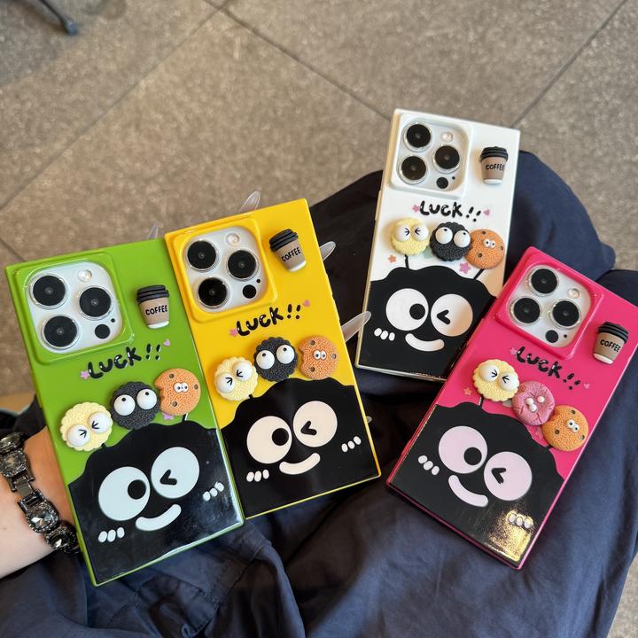 莱冰多巴胺煤球公仔适用苹果15/16promax方块手机壳iPhone14/13套