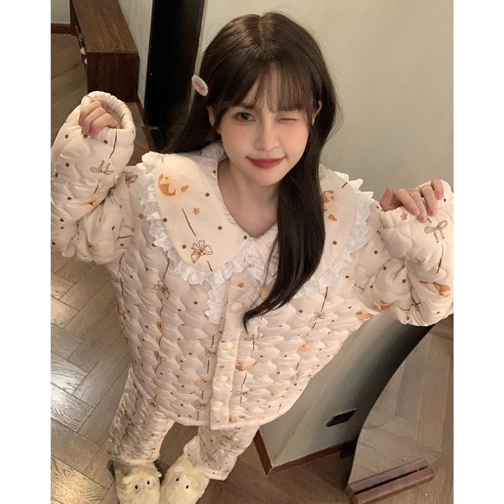 冬季睡衣女款爆款2025新款羽绒服加绒加厚保暖三层夹棉家居服套装