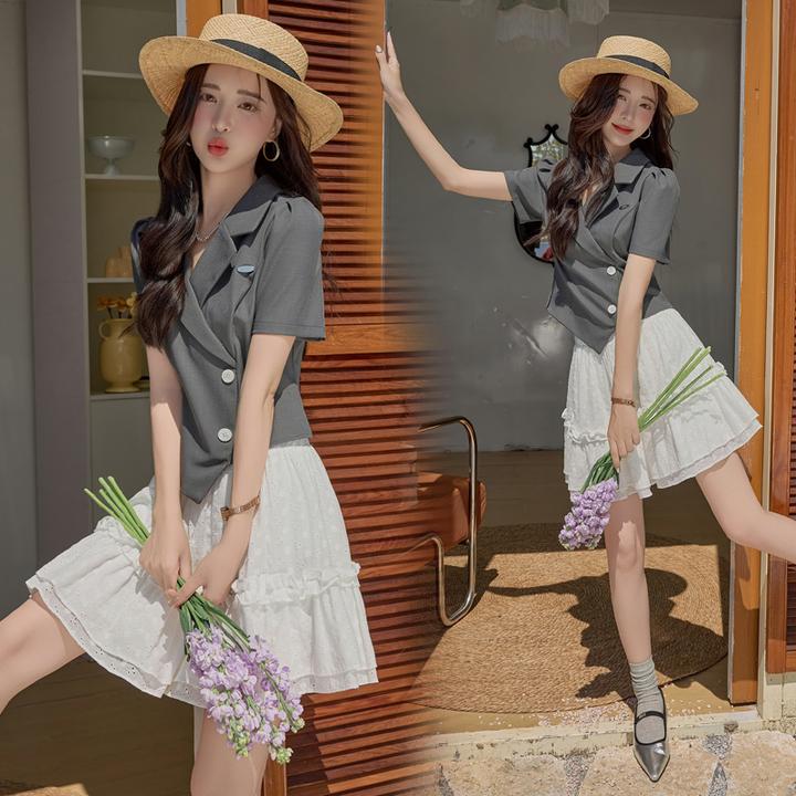 时尚套装女夏款2025夏天衣服新款气质女人味收腰显瘦蓬蓬裙两件套