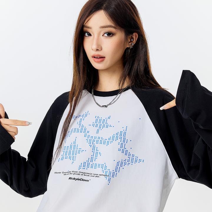 RickyIsClownRIC星星点点插肩长袖T恤男潮牌宽松情侣装长袖上衣女