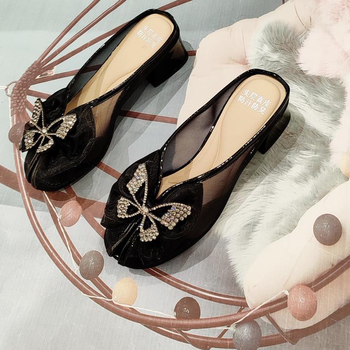 网沙包头半拖2025新款甜美蝴蝶水钻镂空粗跟外穿女拖鞋