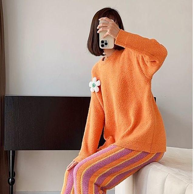 条纹款软绵绵睡衣女秋冬珊瑚绒加厚家居服套装冬季保暖休闲时尚潮