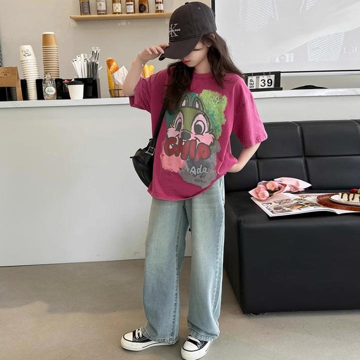 女童夏季短袖T恤新款女孩纯棉宽松休闲上衣夏装儿童卡通半袖体恤