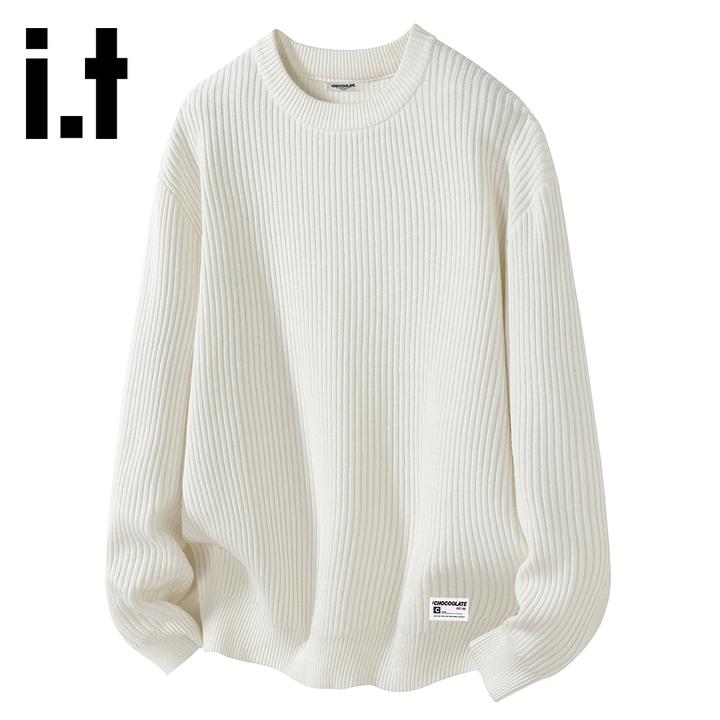 it:CHOCOOLATE米白色条纹针织毛衣男秋冬新款保暖内搭休闲上衣潮