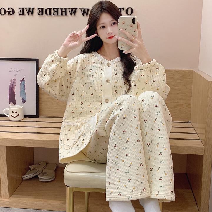 空气棉夹层睡衣女韩版宽松女士可外穿冬款长袖长裤两件家居服套装