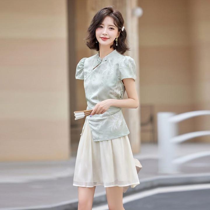 2025夏新款假两件国风印花裙子小个子收腰新中式连衣裙女ZQ25115
