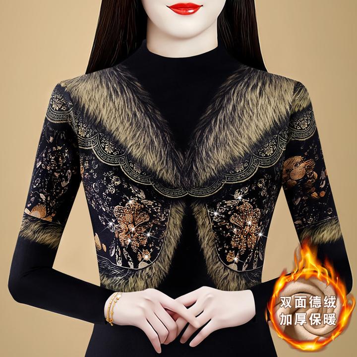 设计感加厚一体绒打底衫女2024冬季内搭保暖别致洋气妈妈印花上衣