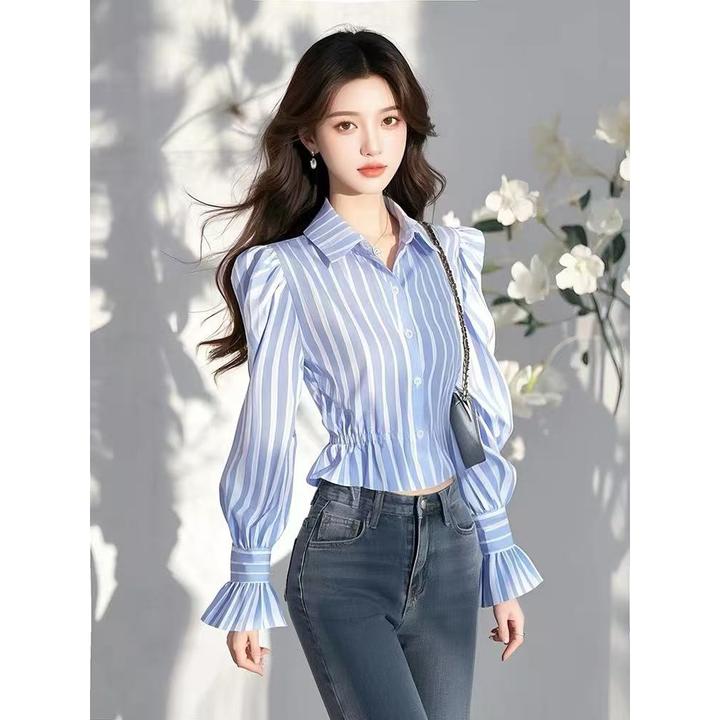 高级感蓝色条纹翻领衬衫女早春小个子别致绝美漂亮独特超好看上衣