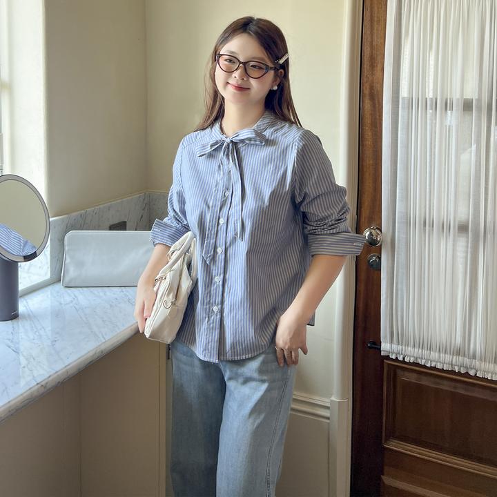 【专属运费贴】 DM100大码学院百搭纯棉正肩条纹衬衫2123