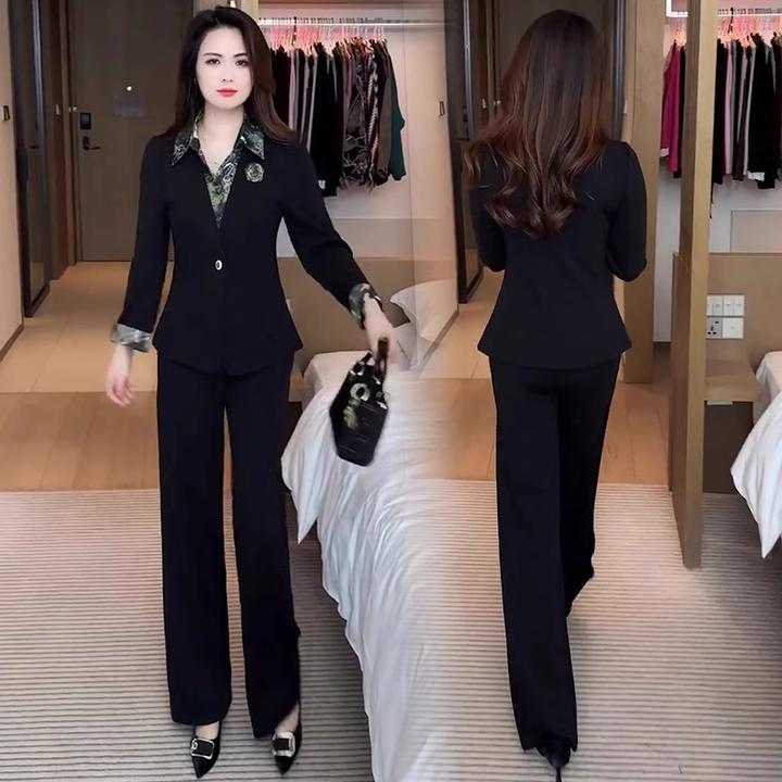 时尚气质套装女2025春季新款假两件衬衫领小西装外套阔腿裤两件套