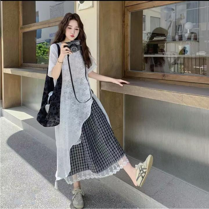 减龄ootd穿搭绝美叠穿蕾丝连衣裙套装女夏季不规则上衣格子半身裙