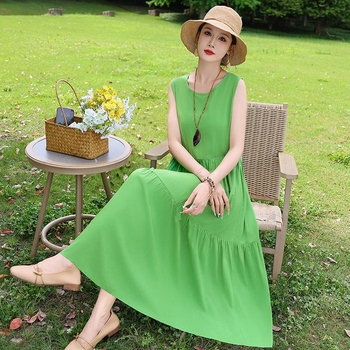 夏季新款长裙棉绸连衣裙法式气质吊带沙滩裙女无袖度假显瘦裙子