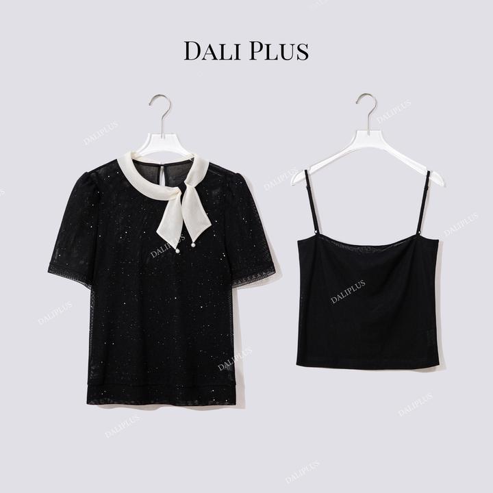 DALI PLUS“侧边优雅领结”网纱黑闪时尚气质百搭短袖上衣-D5LT2119
