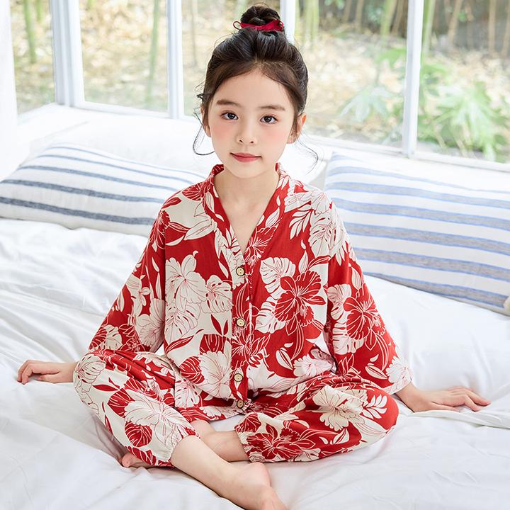 夏季男童女童七分袖薄款家居绵绸女孩儿童睡衣