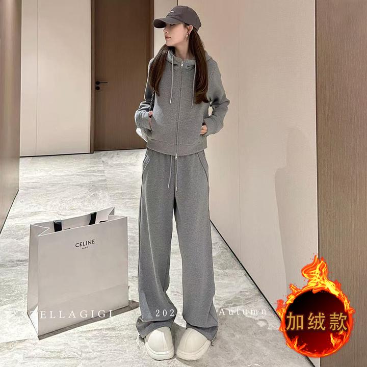 时尚休闲运动套装女秋冬款洋气减龄气质拉链连帽卫衣直筒裤两件套