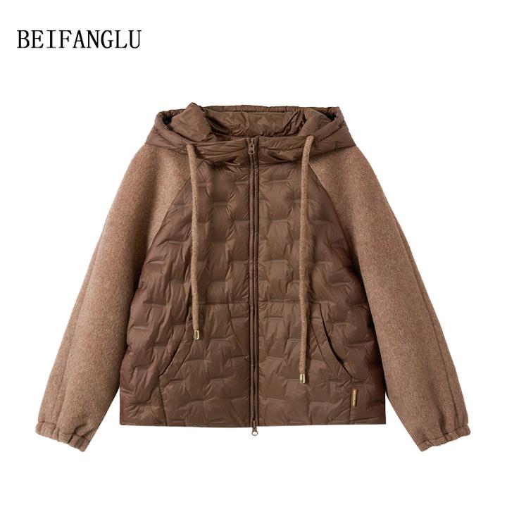 北方鹿【三星Downplus安心白鹅绒】拼接呢料袖子连帽羽绒服M96D1218