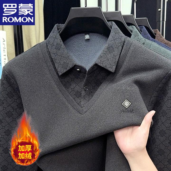 罗蒙冬季假两件毛衣加绒加厚衬衫领男士中老年保暖抗寒宽松打底衫