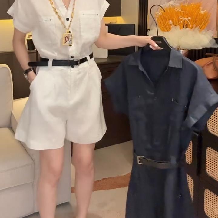夏季新款轻薄亚麻连体短裤宽松显瘦百搭时尚纯色洋气减龄连体裤