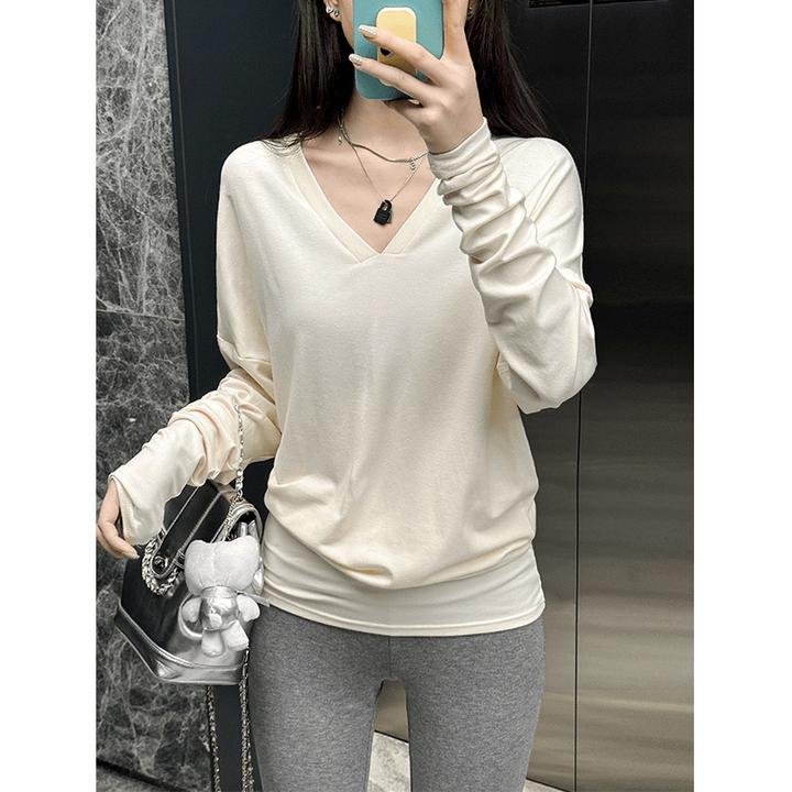 慵懒纯色宽松百搭长袖T恤纯色V领弯刀堆积设计感打底修身显瘦上衣