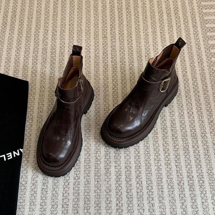 度卡奴真皮厚底侧拉链马丁靴女2025新款秋冬粗跟机车靴皮带扣短靴