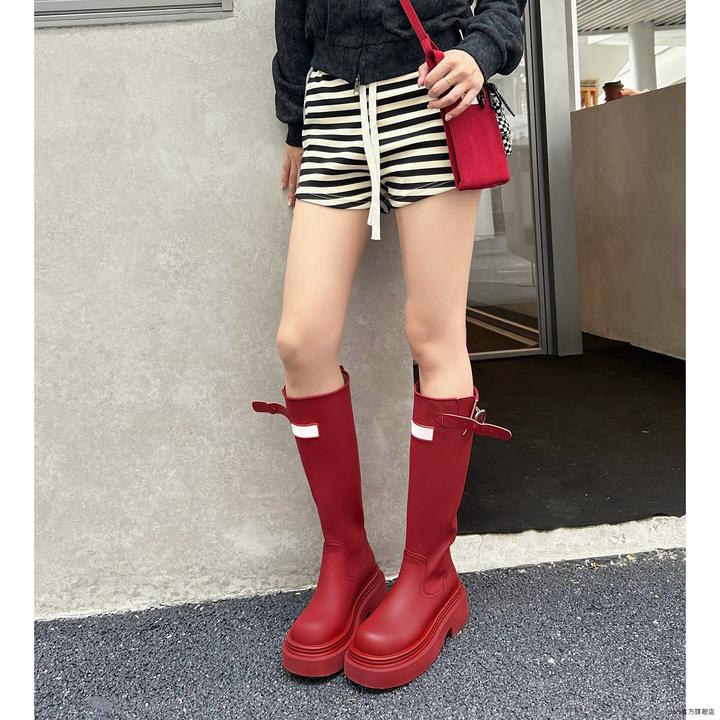 易梦玲同款长雨靴网军红雨鞋女高筒英国骑士靴外穿时尚橡胶时装靴