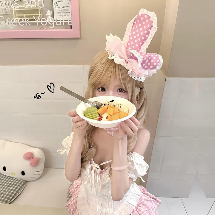 日系甜美粉白波点蕾丝兔耳发夹可爱少女lolita发卡高级感新款发饰