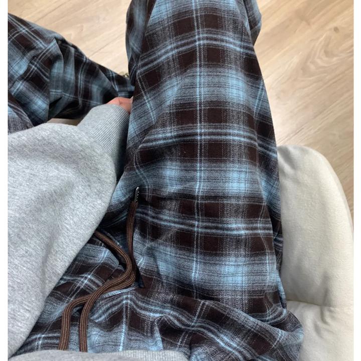 复古毛呢格子裤女秋冬大码胖mm宽松显瘦梨形身材阔腿加绒休闲裤子