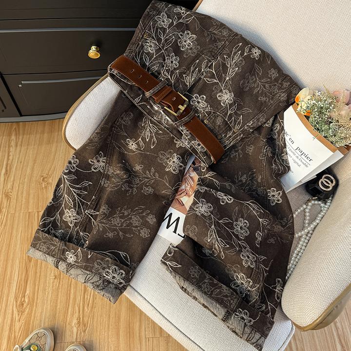 春秋季新款时尚无弹高腰洋气宽松显瘦弯刀裤提花牛仔裤女长裤